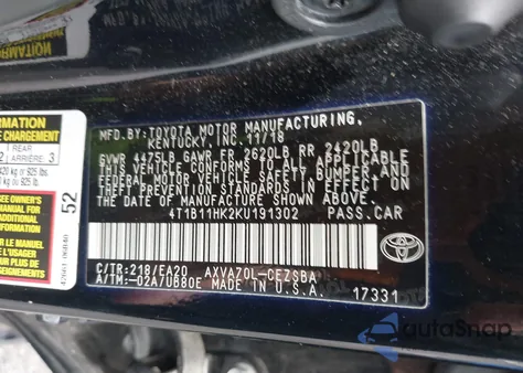 2019 Toyota Camry Se from USA, damaged, VIN 4T1B11HK2KU191302